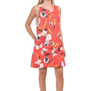 Sigrid Olsen orange floral mini linen trapeze dress with pockets. Sz M